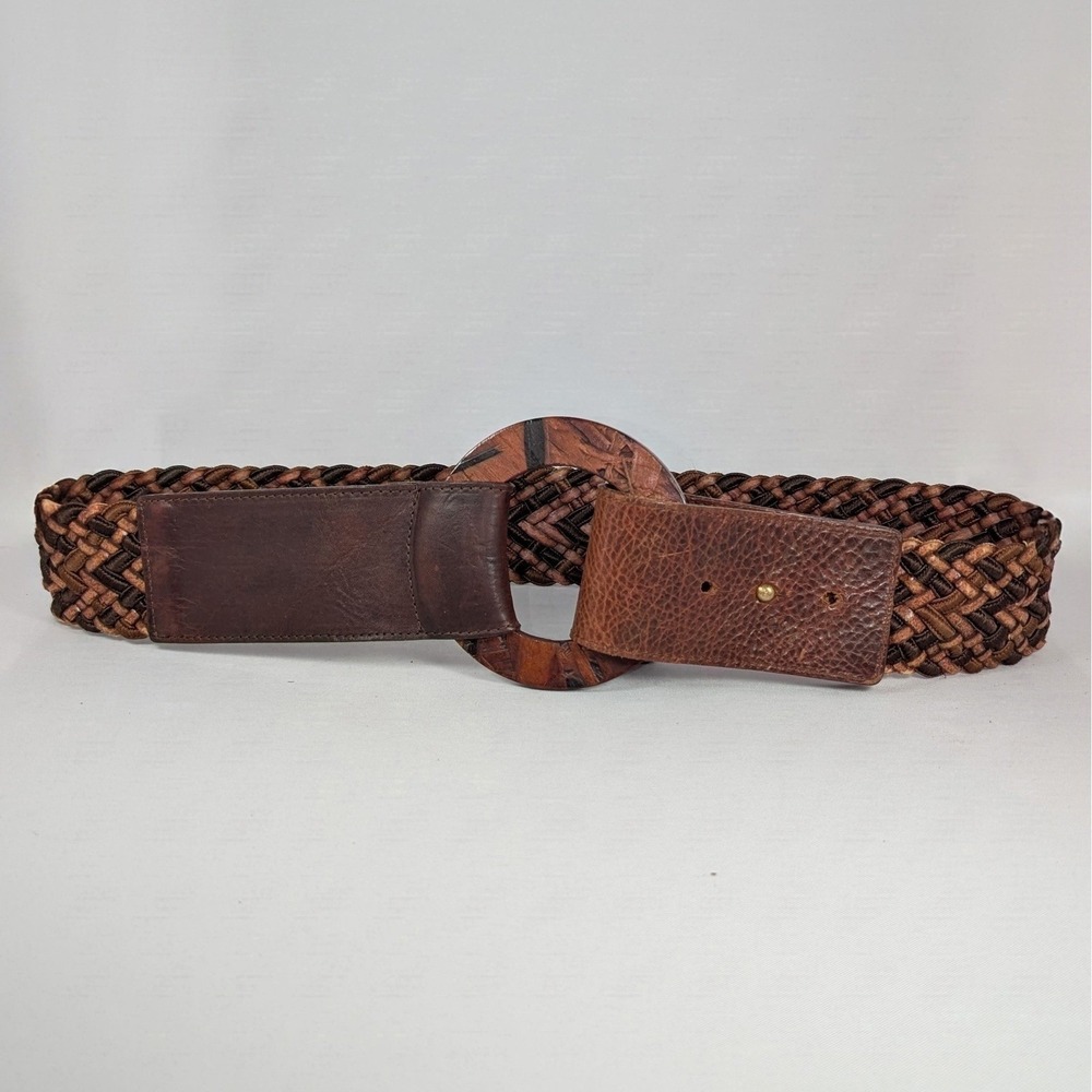 VTG Streets Ahead Belt Size M Leather Wood Brown Womens Boho Woven Braided 40052